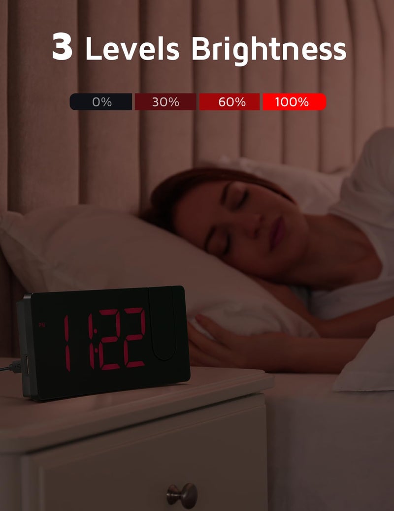 GOLOZA الإسقاط المنبه ساعة رقمية مع تصميم منحني حديث 180 جهاز عرض قابل للدوران 3 مستويات سطوع باهتة شاشة LED حمراء واضحة حجم تدريجي 9 دقائق قيلولة بعد الظهر 12/24 ساعة لغرفة النوم - Image 3